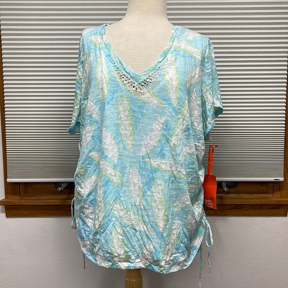 Hearts Of Palm Woman NWT Easy Breezy Aqua Multi Side Tie T-shirt